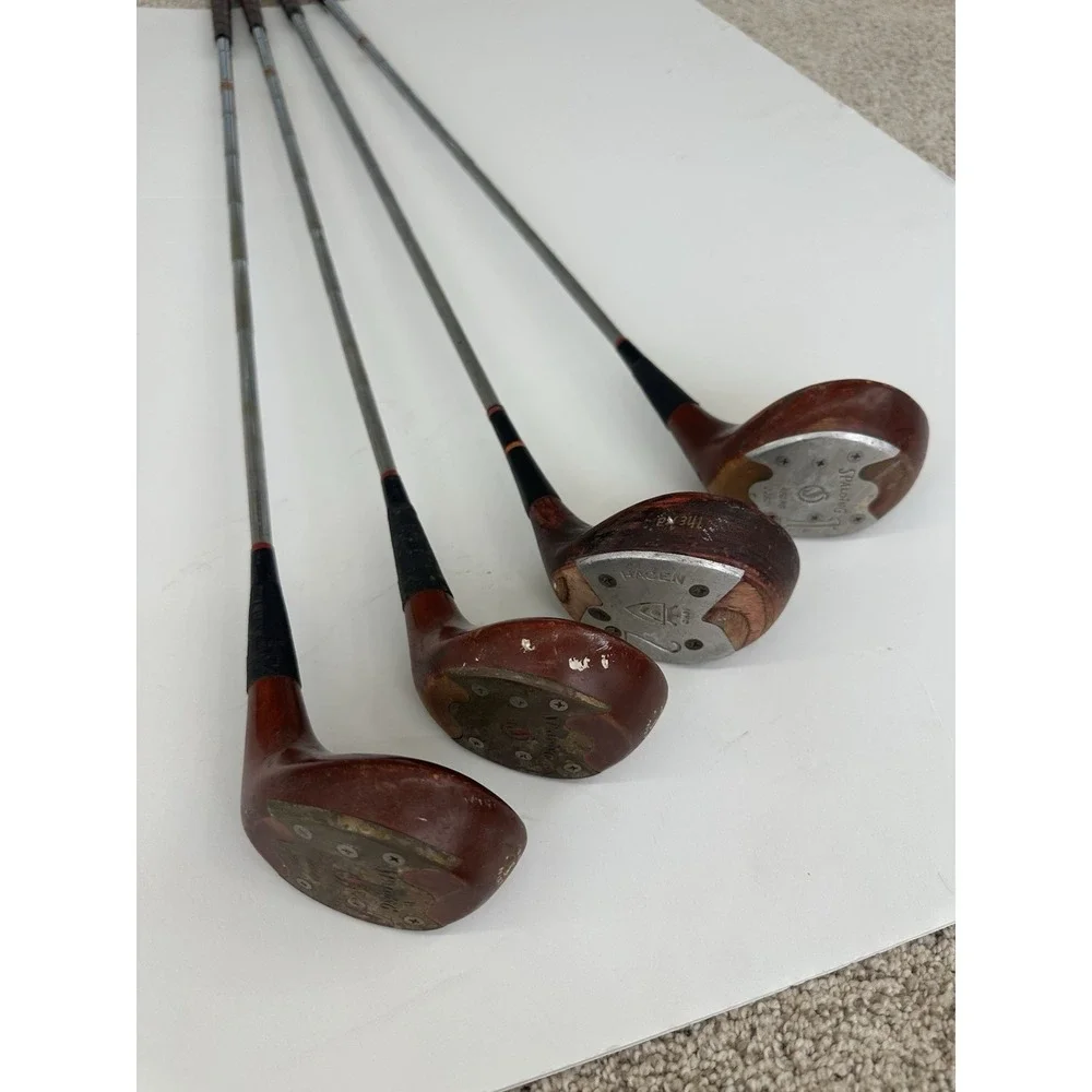 Vintage Golf Driver 1, 2, 3 &4 Wood Steel Shaft Clubs Spalding & Hagen